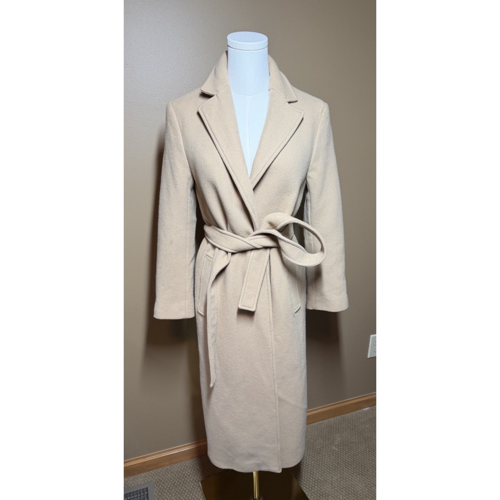 Zara Manteco Wool Blend Belted Long Coat Women M Camel Beige 75% Wool